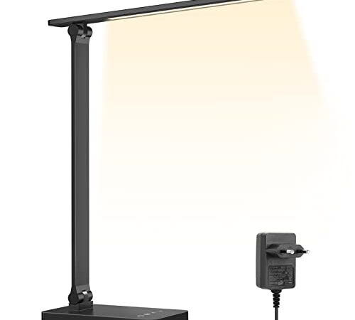 Lepro Lampada da Tavolo LED, 655LM, 3 Colori e 5 Livelli di Luminosità Dimmerabile, 3000K-6500K Lampada da Scrivania Protezione Occhi, Lampada da Comodino, Luce di Lettura per Bambini, Ufficio, Nero