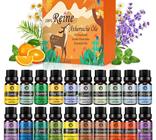 Oli Essenziali per Diffusori Olio Essenziale - 20x5ML Oli Essenziali 100% Puri, Aromaterapia di Lavanda, Eucalipto, Tea Tree, Rosmarino, Menta, Limone ecc - Essenze per Diffusori per SPA e Massagi