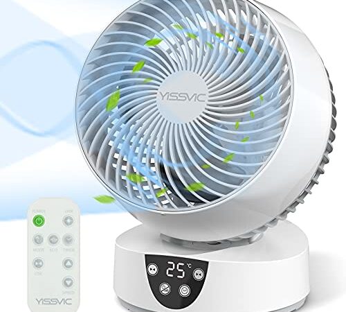 YISSVIC Ventilatore da Tavolo Turbo, Ventilatore Silenzioso Oscillazione Ciclica 90°/80°, Telecomando, Display LED con Temperatura, 3 Velocità/Timer di 9 Ore, 30dB, 40㎡