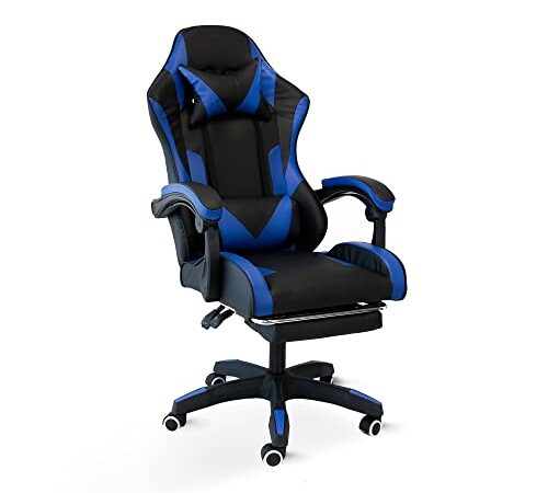 CRIBEL Sedia da Gaming Racing Omega, Sedia da Ufficio Ergonomica, con schienale Alto, Poggiapiedi Telescopico, Schienale Regolabile, Poggiatesta e Supporto Lombare, Nero/Blu