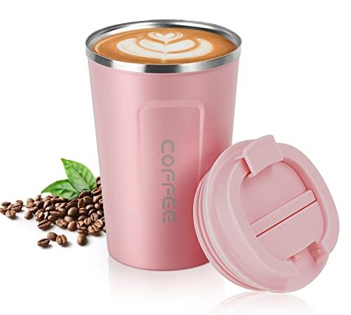 flintronic Tazza da Caffè Isolata, 13oz Tazza per Caffe da Viaggio, Bottiglia di Acciaio Inossidabile Thermos, Coffee Coppa Tazza Termica da Viaggio Ermetica per Mantenere Caldo/Freddo-13 Once （Rosa）