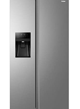 Haier HSR3918FIMP SBS 90 Serie 3, Frigorifero Americano Side by Side, Dispenser d'acqua e ghiaccio, Doppia Porta, Total No Frost, 504 Litri, Compressore Inverter, Libera Installazione, Inox