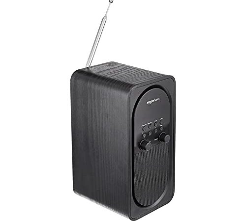 Amazon Basics - Radio portatile DAB/DAB+/FM con sveglia, con finitura in legno - Nero