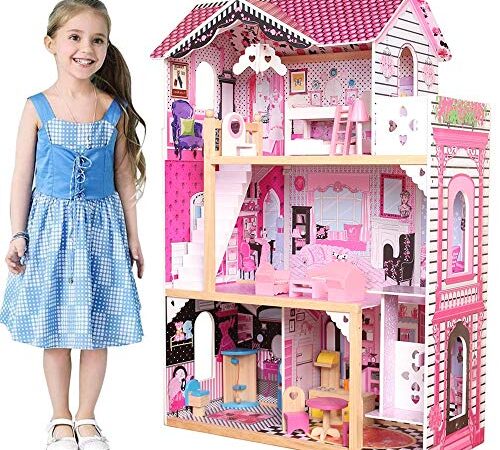 BAKAJI Casa delle Bambole Giocattolo per Bambini Realizzata Interamente in Legno 3 Piani 4 Stanze Curata in Ogni Dettaglio con Mobili e Accessori Gioco Dimensione 88 x 33 x H118 cm