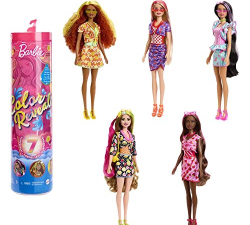 Barbie - Color Reveal Serie Dolci Frutti bambola profumata con 7 sorprese cambia-colore e accessori, Giocattolo per Bambini 3+ Anni, HJX49