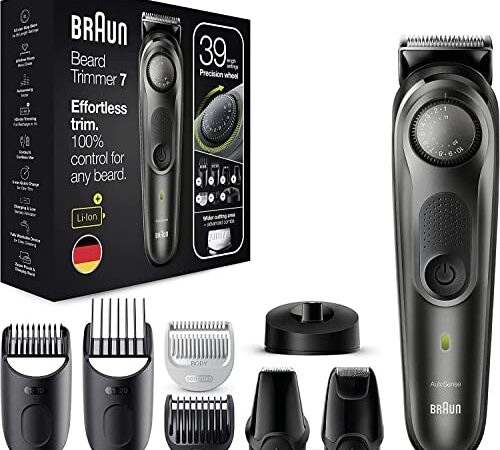 Braun Regolabarba Uomo, Rasoio Elettrico Barba Con 7 Accessori inclusi, 39 Impostazioni di Lunghezza, Ottimo per Viso e Barba BT7350 Nero e Grigio Metallizzato