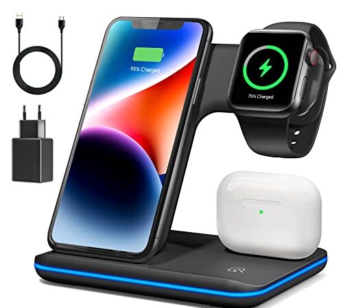 Caricatore Wireless, 3 in 1 Senza Fili Caricabatterie Compatibile con iPh.one 14/13/12/11 X/XS/XR,iWatch 8/7/6/5/4/3/2/SE, Airpods 3/2/1