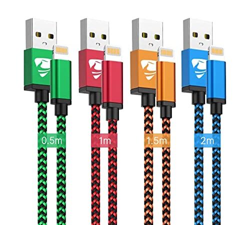 Cavo iPhone [0.5/1/1.5/2 Metri 4Pezzi] Cavo Rapida Caricatore iPhone,Filo iPhone Certificato MFi, Nylon Cavo Lightning Usb per iPhone 11 12 13 14 Pro Max Mini XR XS X 8 7 6 6s Plus 5 SE 2020