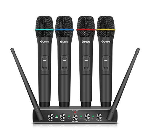 Debra Audio Pro UHF - Sistema di microfono wireless a 4 canali, con microfono lavalier, ricevitore in metallo, ideale per karaoke, feste di karaoke