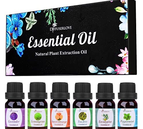 Diffuserlove Oli Essenziali per diffusori Set Regalo 6 Pezzi olio essenziale, Eucalipto, Lavanda, Citronella, Arancia Dolce, Menta Piperita, Albero del Tè