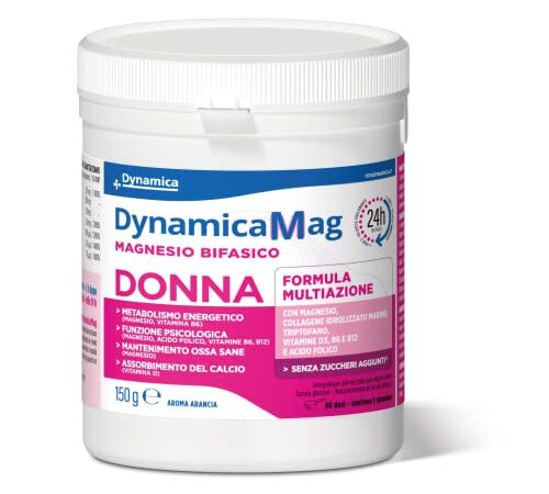 DynamicaMag DONNA 150g | Magnesio bifasico donna | Metabolismo energetico | Funzione psicologica | Ossa sane | Assorbimento calcio | Senza glutine e lattosio |Senza zuccheri aggiunti