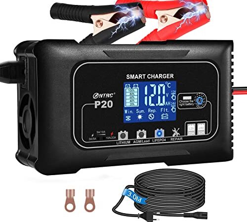 HTRC Carica Batterie per Auto 12V/24V 20A, Mantenitore Batteria Moto con Display LCD e Pulsanti a Sfioramento per Barche SUV/ Batterie al Lithium, LiFePo4 e Piombo Acido (AGM, GEL, MF, EFB, SLA, WET)