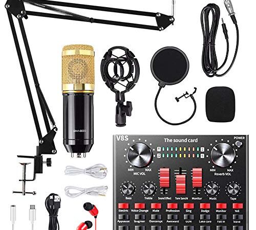 Kit Microfono a Condensatore, ALLWIN Microfono Gaming con Scheda Audio Live, Supporto Microfono Regolabile, Supporto in Metallo e Doppio Filtro Pop per Registrazioni e Trasmissioni in Studio (oro)