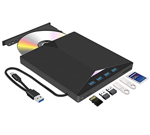 Lettore CD DVD esterno, masterizzatore DVD/CD esterno USB 3.0 e Type-C con lettore di schede SD/TF e USB, lettore DVD-ROM CD-ROM CD-RW VCD per Windows 7/8/10/ Vista/XP/Mac OS, Laptop, Desktops