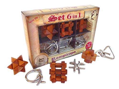 LOGICA GIOCHI Art. Set 6 in 1 - Set Rompicapo in Legno e Metallo - 3 Rompicapo in Legno + 3 in Ferro - Cofanetto Leonardo da Vinci