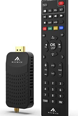 Macwick DVB-T2 Decoder Digitale Terrestre 2022/2023, 1080P H265 HEVC, HD Collegamento HDMI E USB Funzione PVR, Invisibile Nano Tv Stick, Telecomando 2 in 1 Infrarossi, Assistenza Telefonica Italiano