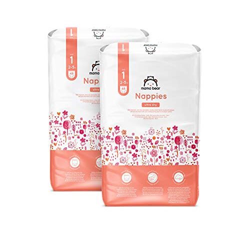 Marchio Amazon - Mama Bear - Pannolini ultra asciutto - Taglia 1 (2-5 kg) - Con canali d'areazione- 96 pannolini (2 confezioni x 48) - Nuova versione