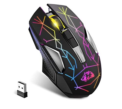 Mouse Silenzioso da Gioco Wireless 2.4G, Ricaricabile, Batteria A lunga Durata, Luce LED a 7 Colori, 2400 DPI, Risparmio Energetico Intelligente, Clic Silenzioso, Ottico, per PS4, XBOX (Star Nero)