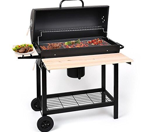 oneConcept Beefbutler - griglia a Carbone, griglia da Giardino, griglia Diretta e indiretta, 2 Ripiani in Legno, 4 Aperture di Ventilazione, Contenitore Rimovibile, Ruote per Trolley, Nero