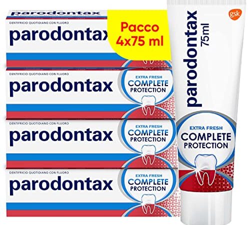 Parodontax Complete Protection Extra Fresh, Dentifricio con 8 benefici per Aiutare a Ridurre il Sanguinamento Gengivale e Mantenere I Denti Forti, Pacco da 4x75 ml