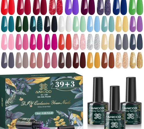 Semipermanente Unghie 42 Pz (7.5ml), Anicco Smalti Semipermanenti per Unghie con Base e Top Coat, Matt Coat, Smalto per unghie in gel UV LED Primavera Estate Autunno Inverno Carnevale Regalo Nail Art