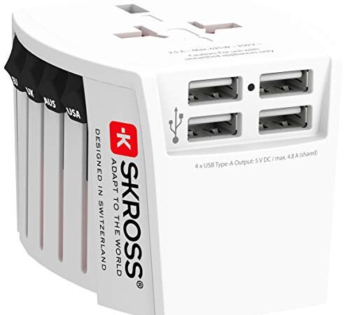 SKROSS | 1.302961 | MUV USB (4xA) | Anti Shock - KID SAFE Adattatore Universale da Viaggio a 2 poli più 4 Porte USB Type-A da 4.8A - Tensione e Potenza: 100V – 250W/250V – 625W