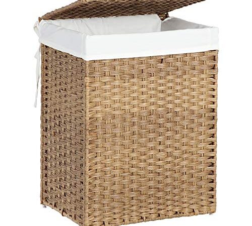 SONGMICS Cesto Porta Biancheria Intrecciato a Mano, 90L, Cesta in Rattan Sintetico Pieghevole con Coperchio e Manici, Sacco Interno Rimovibile, Color Naturale LCB51NL