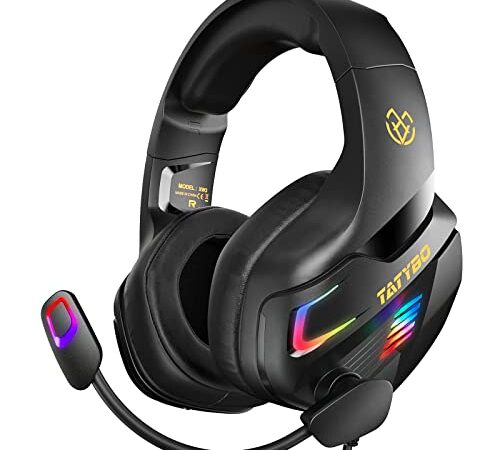 Tatybo Cuffie Gaming Per PS4, PS5, Xbox One, PC, Switch, Cuffie PS4 con Microfono Cancellazione del Rumore, Luci RGB con 3.5mm Jack (Nero)