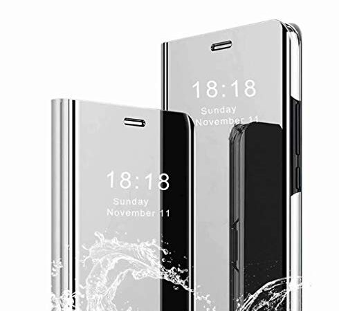 TingYR Cover per Motorola One Vision Plus Custodia, Custodia Flip Traslucido Clear View Specchio Standing Cover, [Funzione Staffa] [Anti Graffio], Case Cover per Motorola One Vision Plus.（Argento）