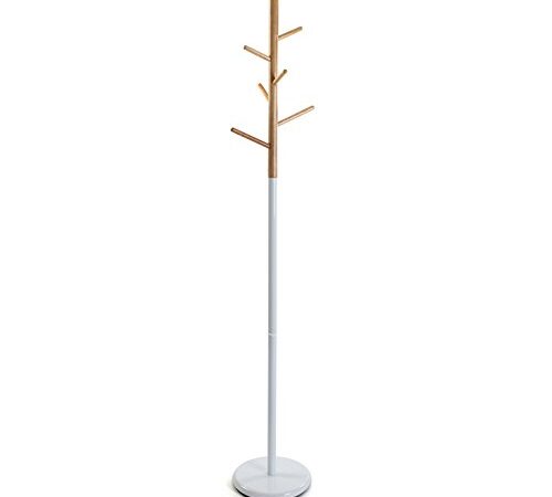 Versa Malmö Appendiabiti da terra in stile Minimalista, Attaccapanni per Ingresso o Corridoio, con 6 ganci o appendiabiti , Misure (A x L x l) 171 x 28 x 28 cm, Metallo e legno, Colore Bianco