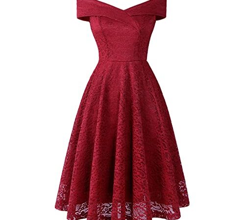 Vokuhila - Abito da donna, elegante, senza spalline, senza maniche, stile rockabilly, da cocktail, da sera, da sera, Vino, L