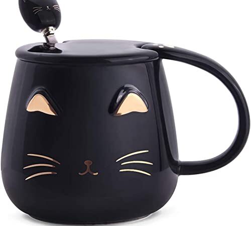 Aaliyahh 400mlazza Gatto Nero Tazza da caffè in ceramica carina con coperchio Kawaii e cucchiaio adorabile,Latte, Bolla di tè, Caffè per il Campeggio, Regalo di tazza di Natale（ Nero）