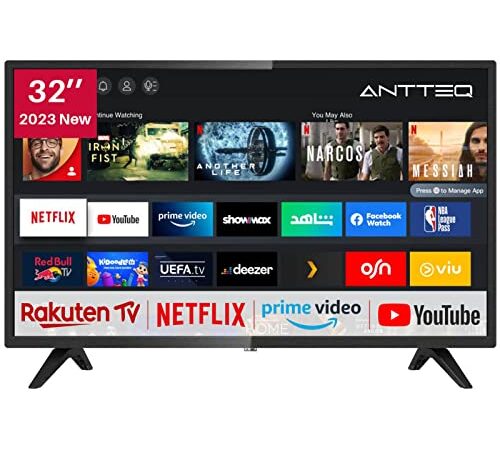 Antteq AV32H3 Smart TV 32 pollici (80 cm) Televisore con Netflix, Prime Video, Rakuten TV, DAZN, Disney+, Youtube, UVM, Wifi, triplo sintonizzatore DVB-T2/S2/C, Dolby Audio