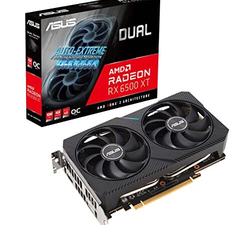 ASUS DUAL AMD Radeon RX 6500 XT OC Edition Scheda Grafica, AMD RDNA 2, PCIe 4.0, 4GB GDDR6, HDMI 2.1, DisplayPort 1.4a, Ventole Axial Tech, Tecnologia 0dB, GPU Tweak II, Nero