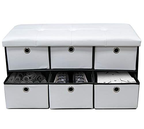 BAKAJI Cassapanca Pouf Contenitore con 6 Cassetti Poggiapiedi per Camera da Letto Panca Sgabello Struttura Pieghevole Rivestimento in Eco Pelle Seduta Rimovibile Imbottita 38 x 76 cm (Bianco)