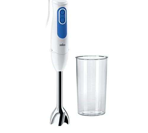 Braun Multiquick 3 Minipimer MQ 3000 Smoothie Plus Frullatore ad Immersione con asta in acciaio, Dotato di Bicchiere graduato 600ml, 2 Velocità, Tecnologia Splash Control, potenza 700 W, Bianco/Blu