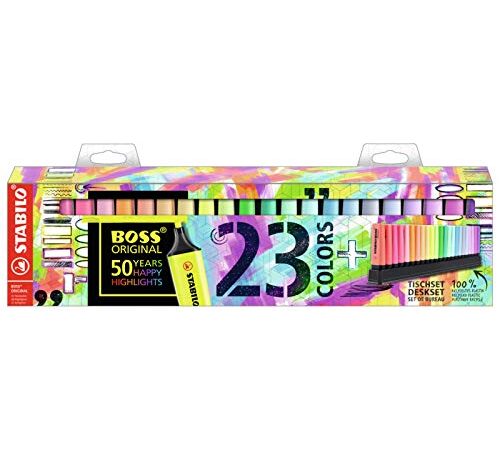 Evidenziatore - STABILO BOSS ORIGINAL Desk-Set 50 Years Edition - 23 Colori assortiti 9 Neon + 14 Pastel