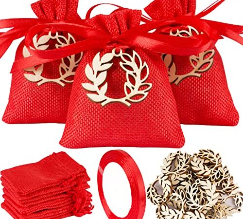 FLOFIA 24pz Sacchetti Iuta Laurea 10x8cm Rosso Bustine Iuta + 24pz Corona Alloro Laurea in Legno + Nastro Raso Rosso Sacchetti Portaconfetti per Confetti Bomboniere Decorazione Laurea Cerimonia