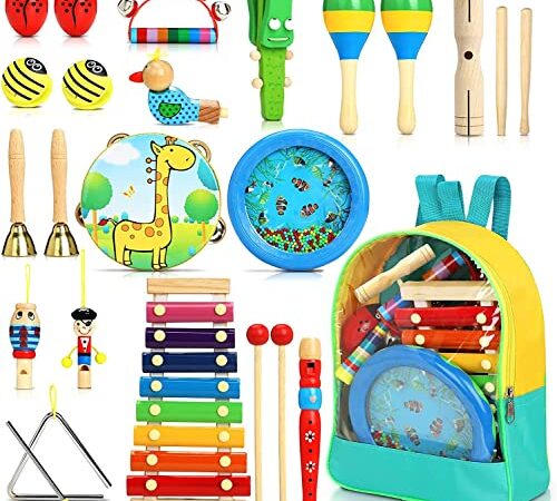 Jojoin Strumenti Musicali Bambini, 24 Pezzi Percussioni per Bambini con Borsa,Tamburo Perline Oceaniche, La Maggior Parte Compleanni Musicali, Creativi ed Educativi e Regali di Natale per Bambini 3+