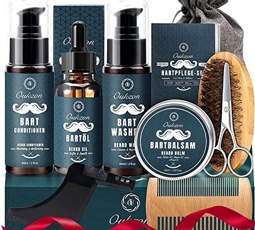 Kit Barba per Uomo, 10 in 1 Set Regalo Cura della barba Uomo Completo Professionale per Marito Papà - con Shampoo Barba, balsamo, Olio, Crema, Pettine, Spazzola, Forbici, Modello Barba e Sacca Viaggio