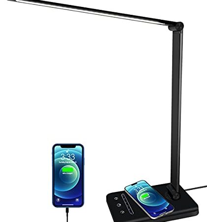 Lampada da scrivania LED, lampada da tavolo con ricarica wireless e porta di ricarica USB, 5 modalità di illuminazione 6 livelli di luminosità, protegge l'occhio, pieghevole, controllo touch, timer