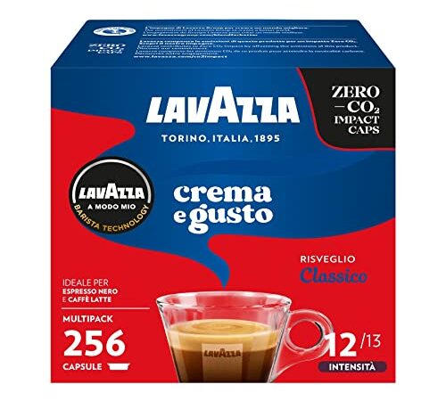 Lavazza, A Modo Mio Crema e Gusto Classico, 256 Capsule Caffè, per un Espresso con Note di Cioccolato e Frutta Secca, Arabica e Robusta, Intensità 12/13, Tostatura Media, 16 Confezioni da 16 Capsule