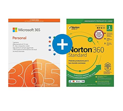 Microsoft 365 Personal | 1 abbonamento annuale |12+3 Mesi | PC/Mac | Codice d'attivazione via email + NORTON 360 Standard | 15 Mesi - Codice d'attivazione via email