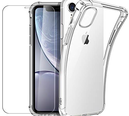 New&Teck - Cover Compatibile con iPhone XR (6.1) + [vetro temperato protezione schermo], in silicone TPU trasparente, [paraurti con angoli rinforzati]