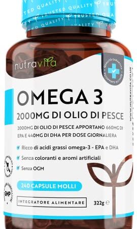 Omega 3 Olio di Pesce da 2000 mg - 660 mg EPA e 440 mg DHA per Porzione - 240 Omega3 SoftGel Capsule di Olio di Pesce Puro - Fornitura per 4 Mesi - Prodotto da Nutravita