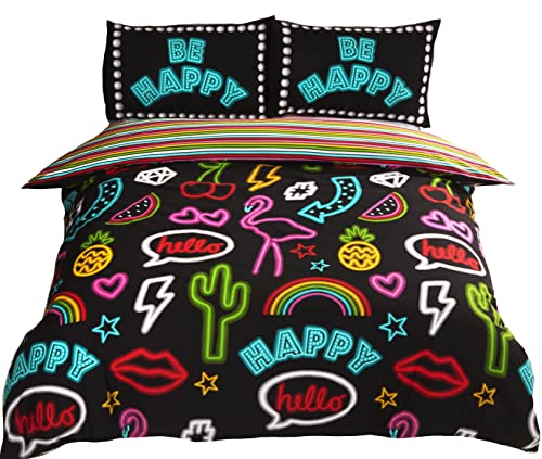 Rapport Funky Neon - Set copripiumino reversibile, in policotone, per letto singolo, colore: nero