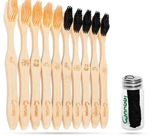 Spazzolino Bamboo Denti 10 Pezzi Setole Morbide e Filo Interdentale in Carbone Attivo Vegetale per Pulizia denti Kit Spazzolini Bamboo Sbiancante Denti Professionale 100% Senza BPA Vegan