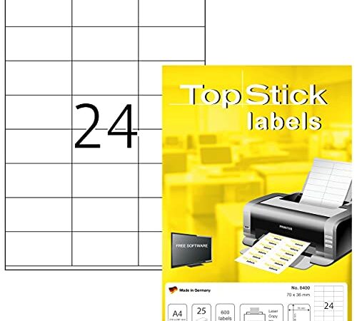 TopStick 8400 Etichette per indirizzi A4 (70 x 36 mm, 25 fogli, carta, opaca) autoadesive, stampabili, adesivi universali permanenti, 600 etichette multiuso, bianche