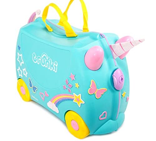 Trunki Valigia Cavalcabile per Bambini – Trolley Bambini Bagaglio a Mano – Valigia Cavalcabile Unicorno (Verde Acqua)