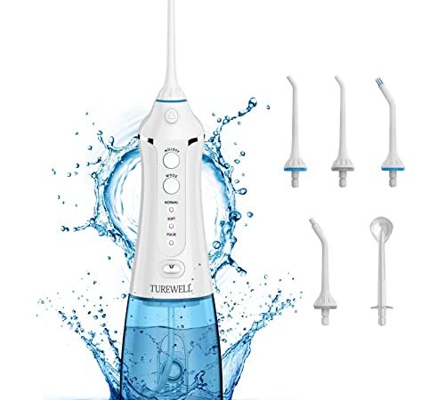 TUREWELL FC1591 Idropulsore Dentale 5 Ugelli e 3 Modalità, IPX7 Impermeabile, Ricaricabile USB,300ML Idropulsore Dentale Portatile per La Casa e I Viaggi